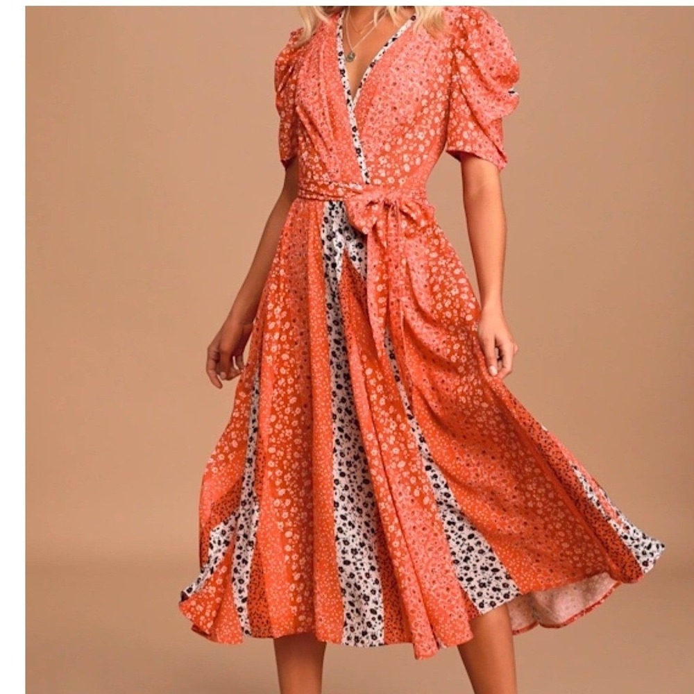 Lulus Women's Floral Print Wrap Midi Dress Puff Sleeve Orange Black‎ White XS